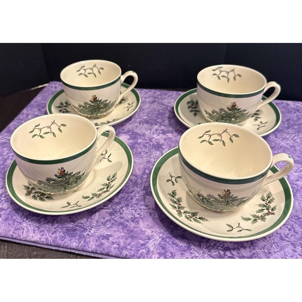 Spode Christmas Tree Teacup Tea Cup & Saucer Plate S3324 England Set Of 4 VTG